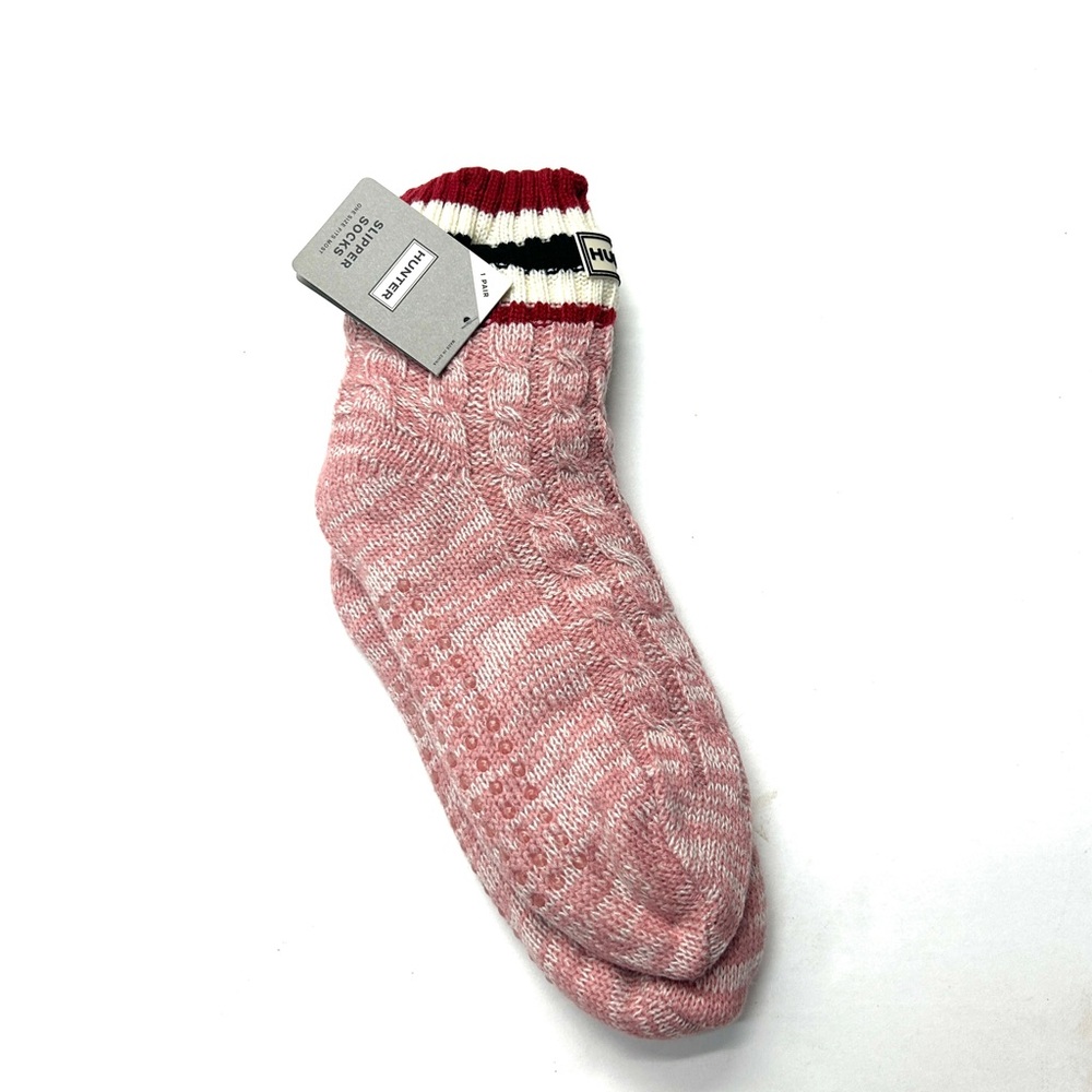 NWT Hunter Pink Red Marled Slipper Sweater Cable Knit Socks Gripper Boot Wellies